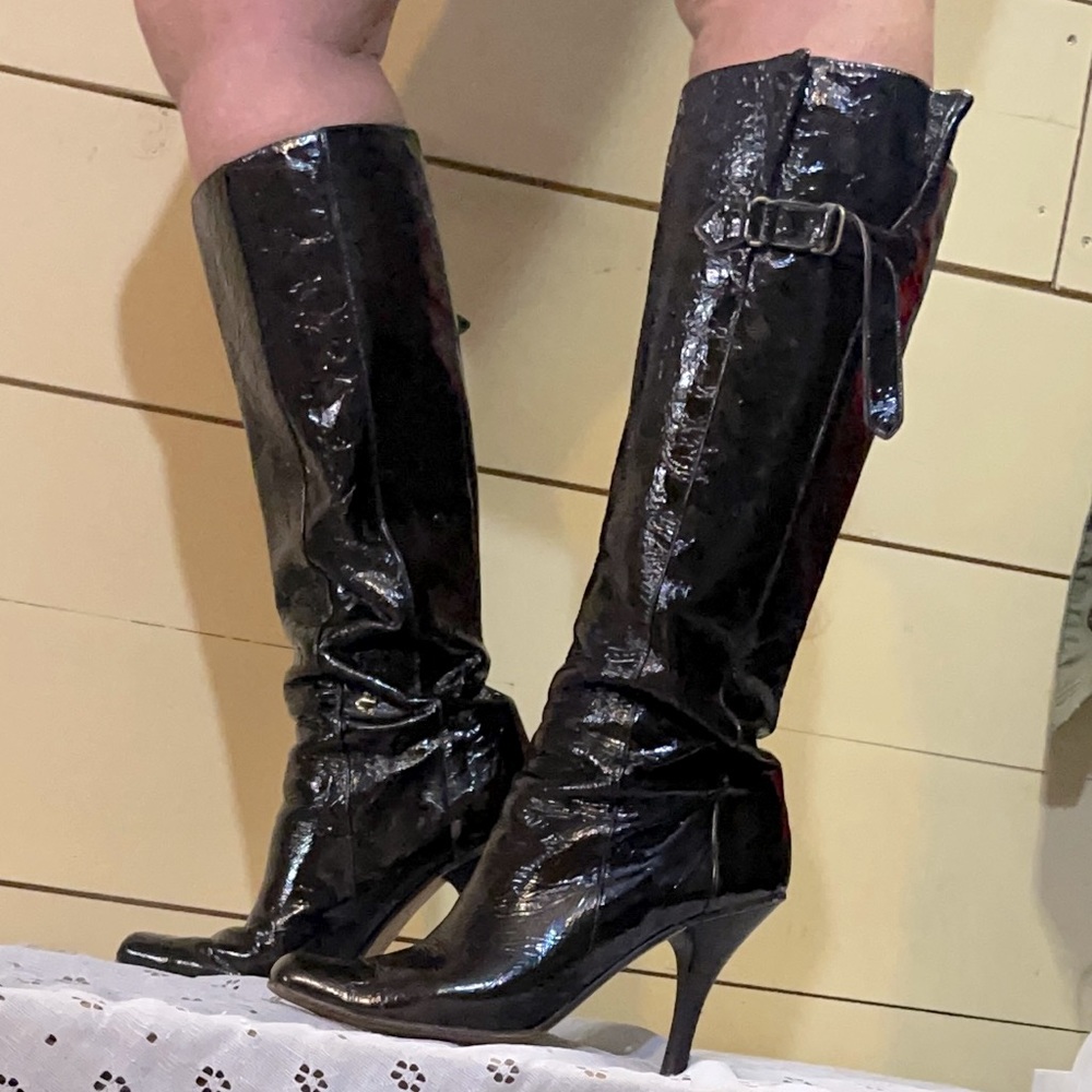 Jimmy Choo patent leather chocolate brown knee high boots. FREE SHIPPING